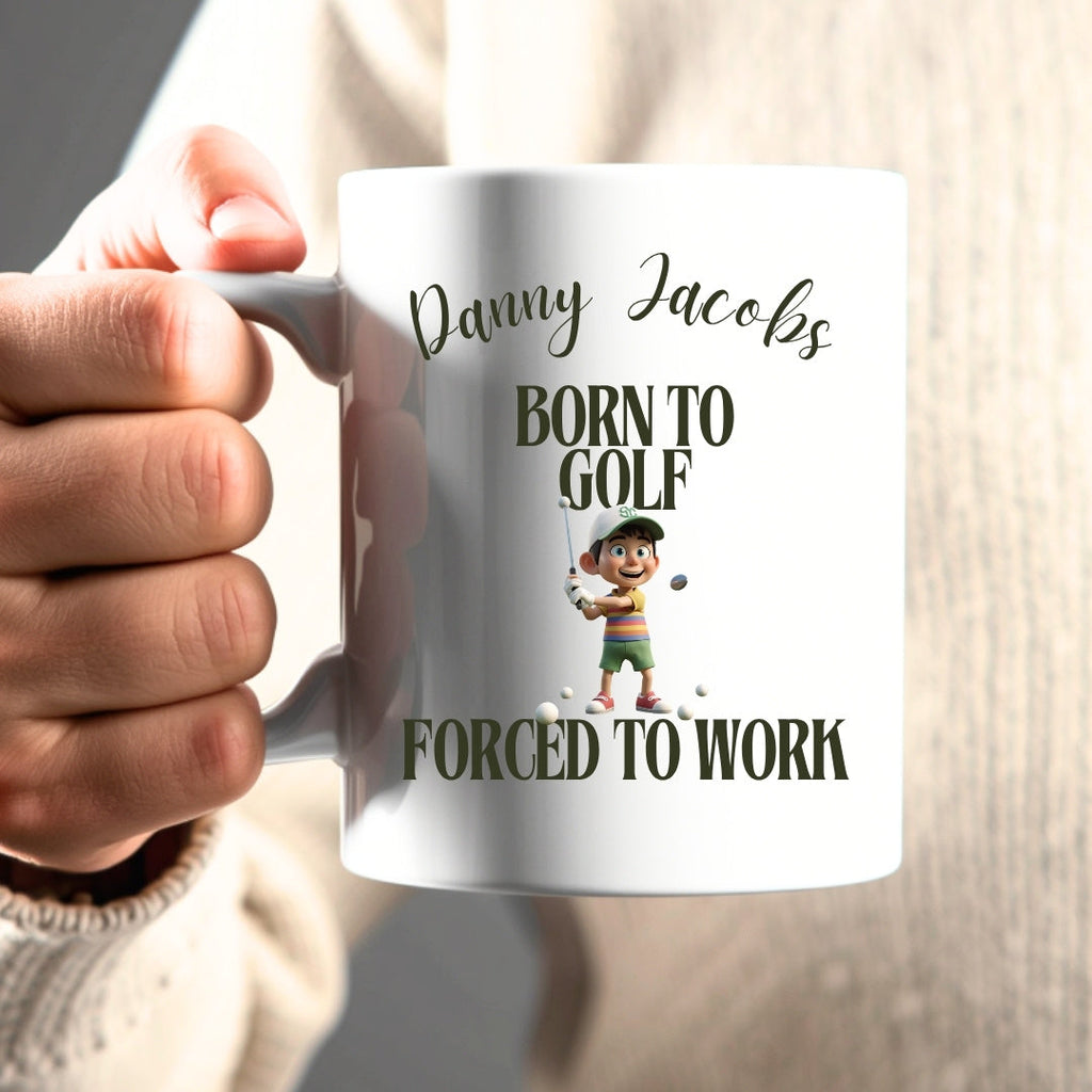 Personalised Born to Golf Forced to Work Mug – Gift for Dad, Uncle – personalised golf mug from Premium Golf Gifts